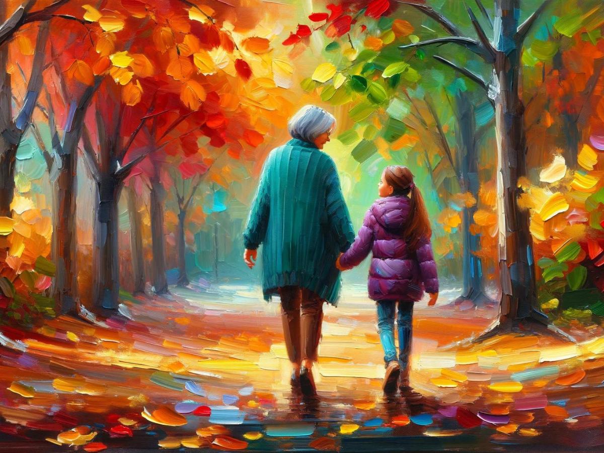 An aunt and her niece walking through a park on an autumn day