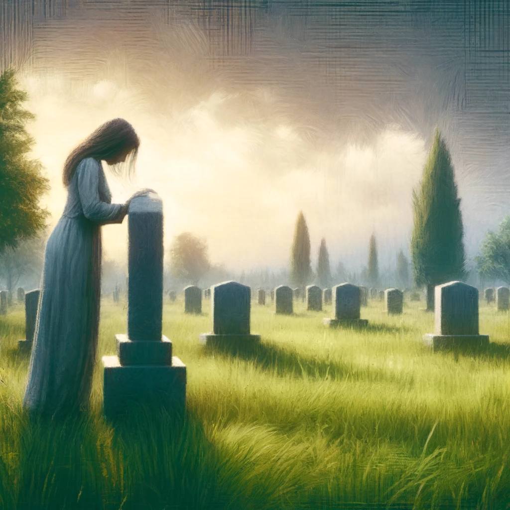 Mommy stands by the gravestone in a quiet cemetery
