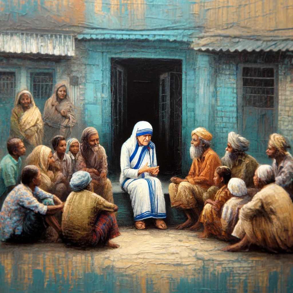 Mother Teresa is sitting on a doorstep in Kolkata