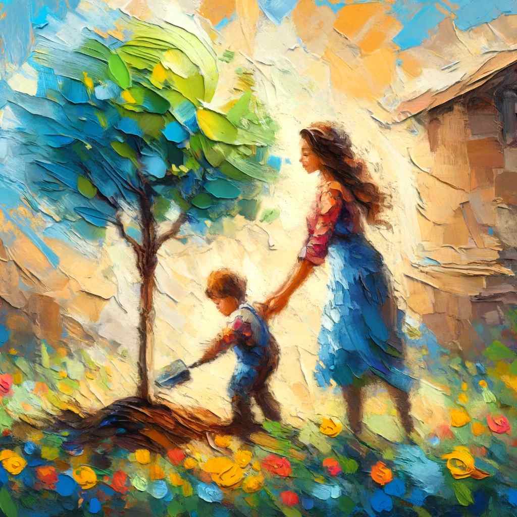 Mother and child planting a tree together