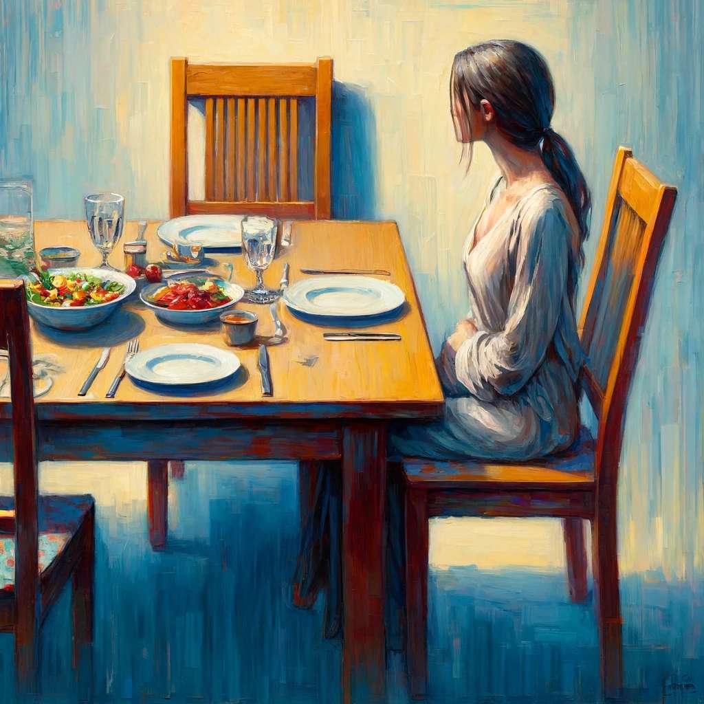 Seated at the dinner table, she stares at an empty chair