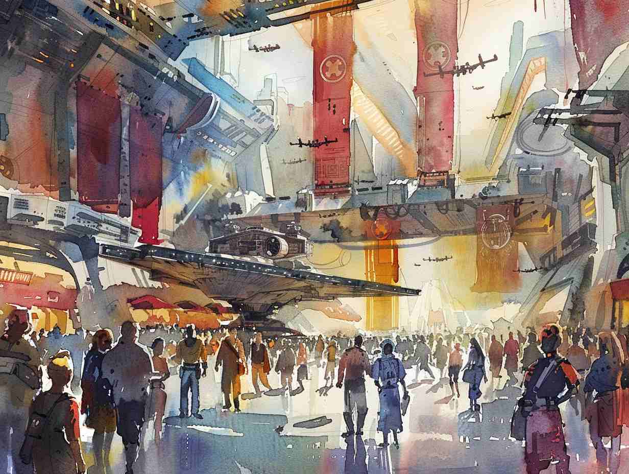 The bustling atmosphere of a Star Wars-themed celebration in a grand hall