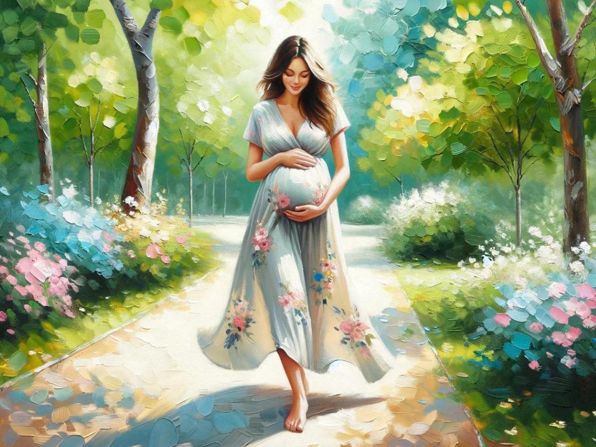 The expecting surrogate mother is having a walk