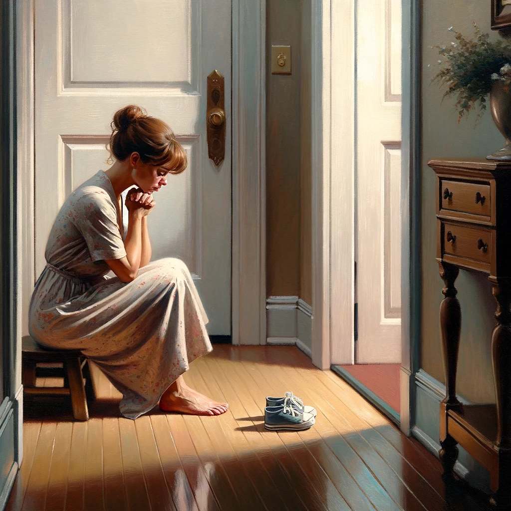 The mother gazes at a small pair of shoes