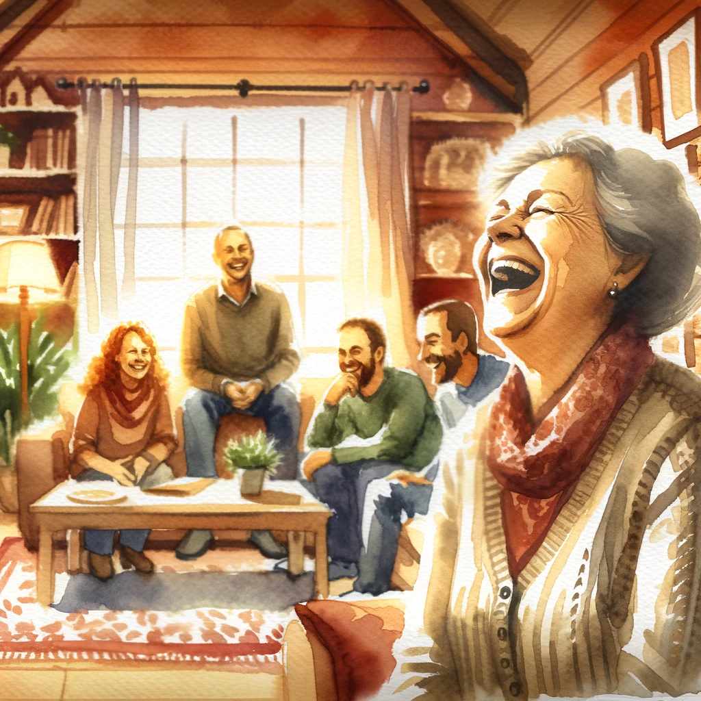 The mother-in-law laughing with her family in a cozy living room