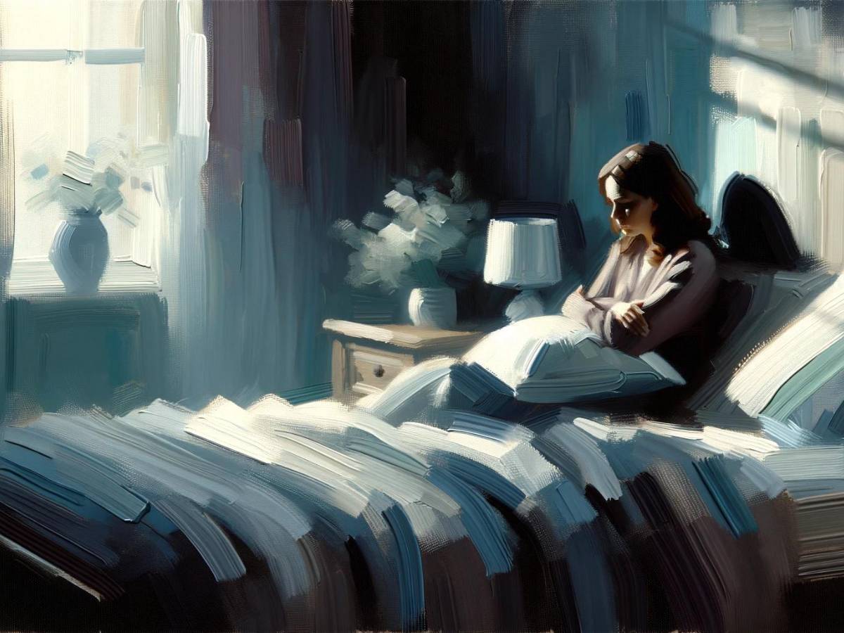 The mother is engulfed by sadness in her bedroom