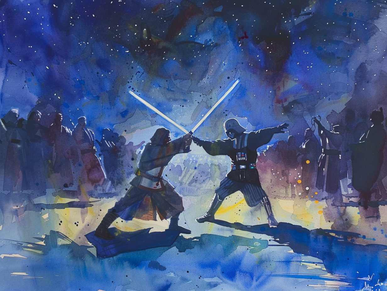 Two fans engaged in a friendly lightsaber duel
